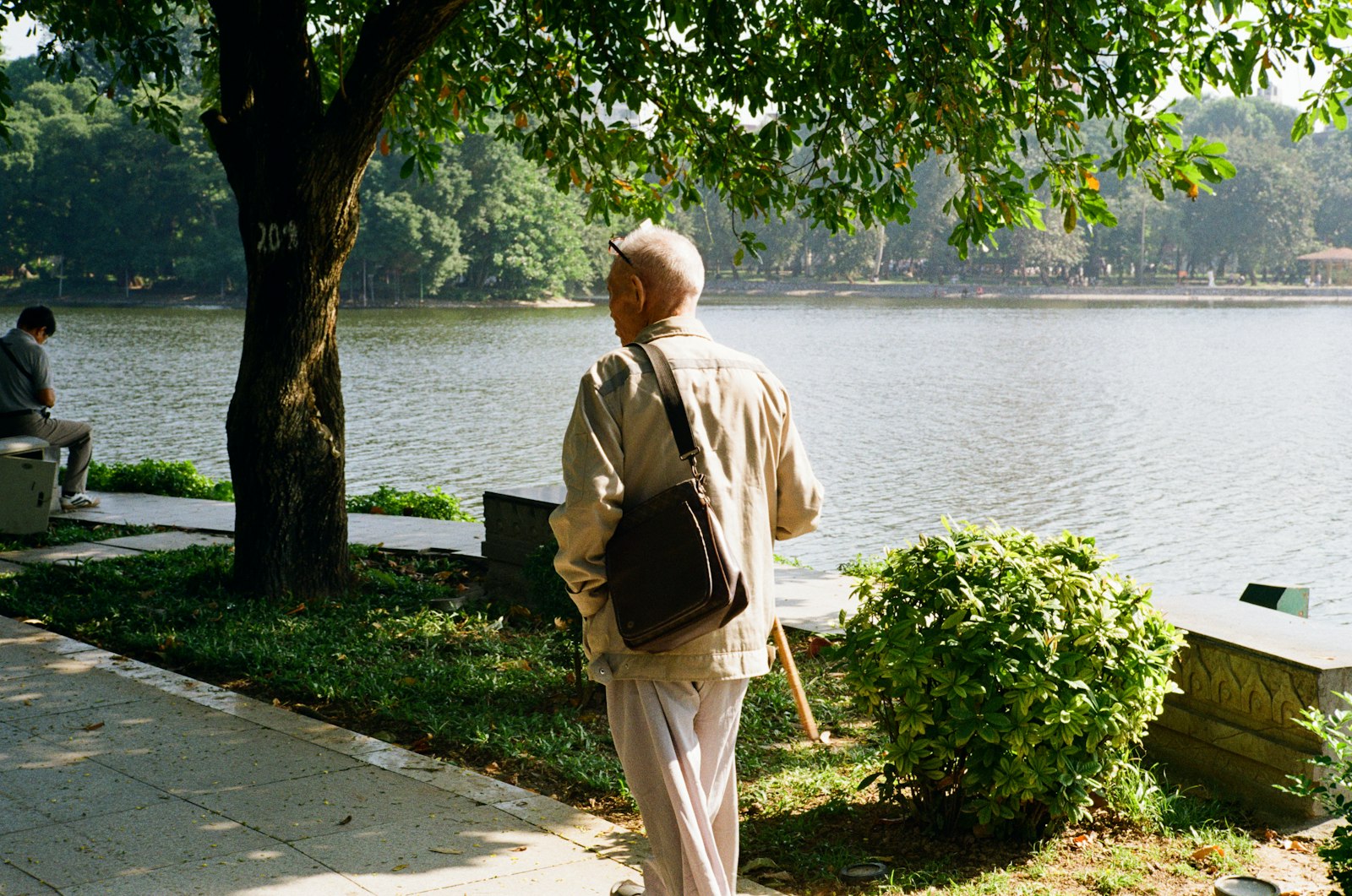 An older man walking with a cane beside a lake in a park